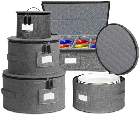 CISSIYOG Juego De 5 Recipientes De Almacenamiento De Platos De Fieltro Con Divisor Para Platos, Tazones, Vasos Y Cuencos De Porcelana, Contenedor Gris, 32 X 19 X 40 Centímetros