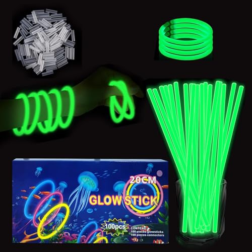 YAAVAAW 100 Pulseras Luminosas Fluorescentes Verde, Barras Fluo con 100 Conectores, para Halloween, Navidad, Cumpleaños, Boda, Suministros de Fiesta para Niños y Adultos