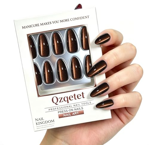 Cat Eye Press-On Nails, medium almond djupröd kattögondesign, återanvändbara ogenomskinliga gel konstgjorda naglar för kvinnor, manikyrset med tillbehör, 32 stycken i 16 storlekar (röd)