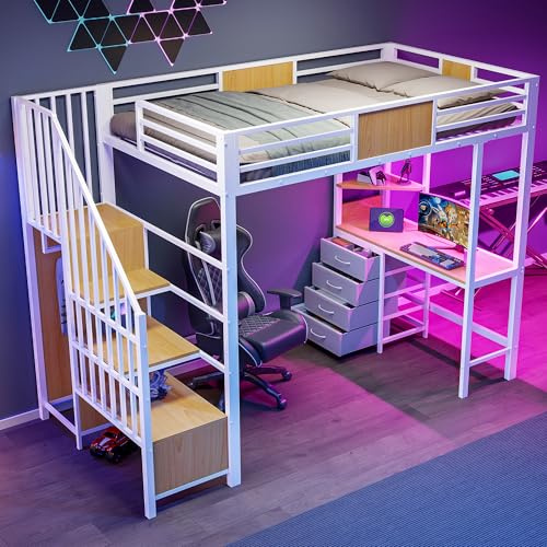 Xwiny Hochbett 90x200 cm Con LED-Beleuchtung und USB Typ-C Ladefunktion, Kinderbett mit Treppe Stauraum und Schreibtisch, Stauraumbett mit Schubladen, Weiß(Ohne Matratze)