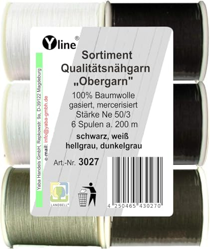 Sort. 6 Spulen a. 200 m Qualitäts - Nähgarn Obergarn schwarz, weiß & grau, Ne 50/3, 100% Baumwolle für die Nähmaschine, 3027