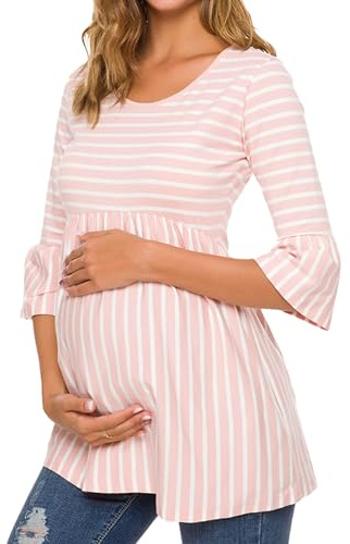 Ecavus Womens Casual Maternity Tops Striped Peplum 3/4 Ruffle Sleeve Shirt Ultra Soft Pregnancy Clothing
