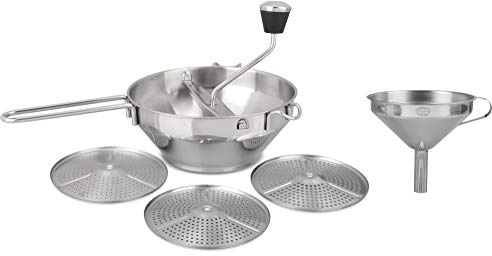 Dr. Oetker Passiergerät mit Trichter, Passiermühle und Einfülltrichter aus Edelstahl, Passiermaschine mit 3 Lochscheiben, Einmachtrichter mit Siebeinsatz (Farbe: Silber), Menge: 1 x 2er Set