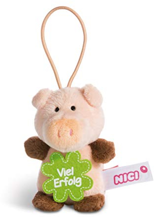NICI 44864 Anhänger Schwein mit Spruch Viel Erfolg 8cm mit Loop, rosa/braun