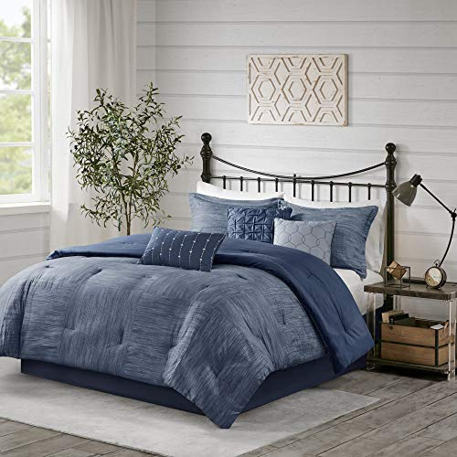 Madison Park Walter Comforter - Luxe Seersucker Print Design, All Season Down Alternative Bedding, Matching Shams, Bedskirt, Decorative Pillows, Navy Queen(90x90) 7 Piece