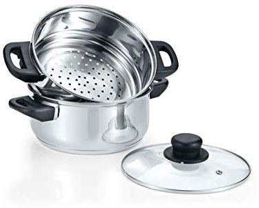 CONCORD 3 Quart Stainless Steel 3 Piece Steamer Cookware Set. Features 2 Quart Veggie Steamer and 3 Quart Cooking Pot with tempered glass lid. (INDUCTION COMPATIBLE)
