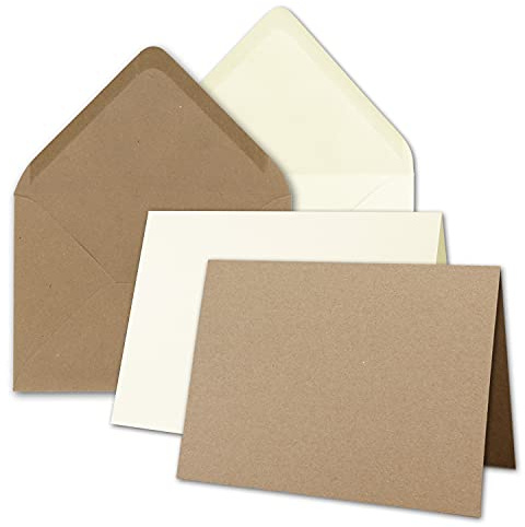 50x Faltkarten-Set inklusive Briefumschläge größer als DIN B6 - Übergröße - Creme und Kraftpapier Braun - Klappkarten mit Umschlägen