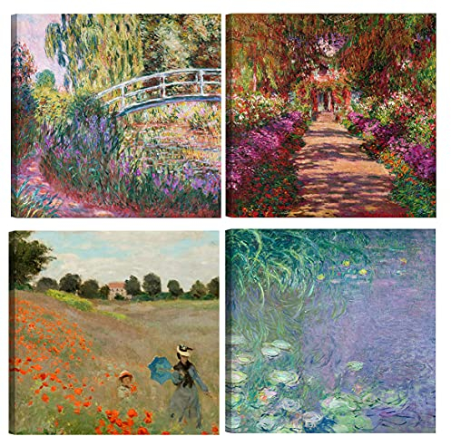 DìMò ART, klassische Kunstbilder, Claude Monet, 4 Stück, je 30 x 30 cm, Leinwanddruck, Dekor, Kunst, Einrichtung, für Küche, Schlafzimmer, Wohnzimmer, Bar, Büro, Restaurant.