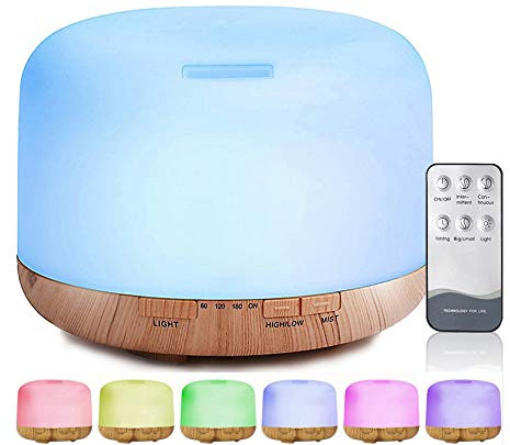 Kavolet 500 ML Humidificateur Ultrasonique, avec 7 Couleurs Lumières LED, Huile Essentielle Diffuseur Lampe, Aromathérapie Arôme Diffuseur, Diffuseur Aromatique avec Télécommande, Mist Maker