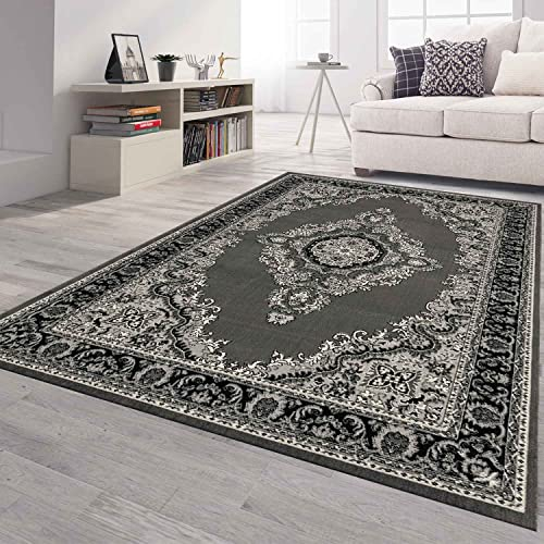 VIMODA Orient Teppich grau schwarz klassisch Ornament dicht gewebt Kurzflor farbecht, Maße:Ø 160 cm Rund