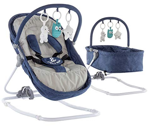 Engel & Storch Babywippe VIGO Baby Schaukelstuhl Babywiege mit abnehmbarem Bezug und Spielebogen - in Blau + Grau