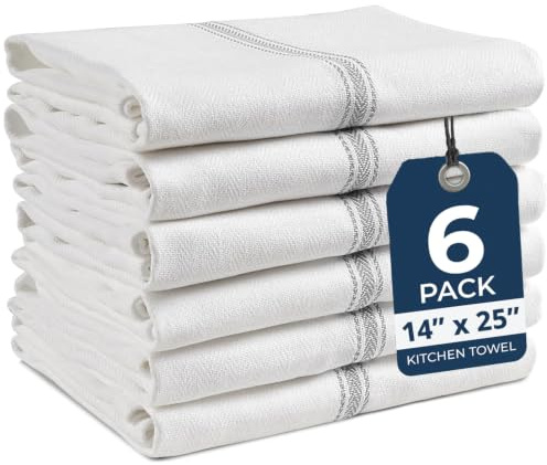 LANE LINEN Kitchen Towel Set, 6 Pack Dish Towels for Kitchen, 100% Cotton Absorbent Tea Towels, Quick Dry, 14x25, Herringbone Weave, Reusable, Machine Washable, Soft for Drying Dishes - Grey Stripe