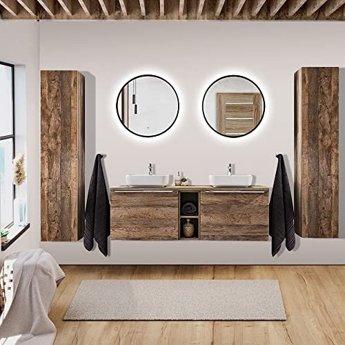 Lomadox Set di mobili da bagno vintage rovere Nb, 2 lavabi in ceramica, 140 cm, con ripiano, 2 specchi LED con funzione touch, 2 armadi alti
