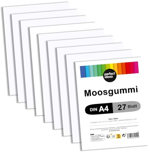 perfect ideaz - Moosgummi DIN-A4, 27 Blatt, 29,7 x 21 cm (2 mm dick), farbiges Bastelmaterial für Kinder, Top Qualität (Weiß)