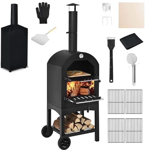 GYMAX Four à Pizza Extérieur 162CM, Four à Pizza à Bois ou à Pellet, Cuisson Facile avec Thermomètre, Pierre à Pizza, Grilles, Pelle, Accessoires Complets, pour Camping, Fêtes, Barbecues