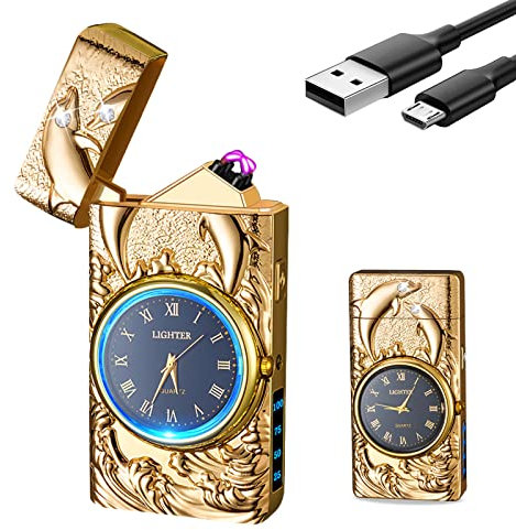 YOZWOO Accendino elettrico USB ricaricabile Accendino antivento a candela senza fiamma Accendino ad arco al plasma con torcia LED per barbecue all'aperto, escursioni, campeggio (Oro-Delfino)