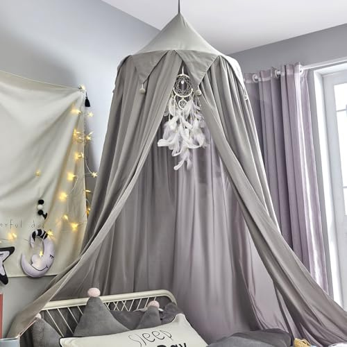 Surwin Baldachin Betthimmel Grau Madchen Jungen Babybett, Himmelbett Moskitonetz Bett mit Kugel für Kinderbett Kinderzimmer Einzelbett Schlafzimmer Kinder Geschenk Reise