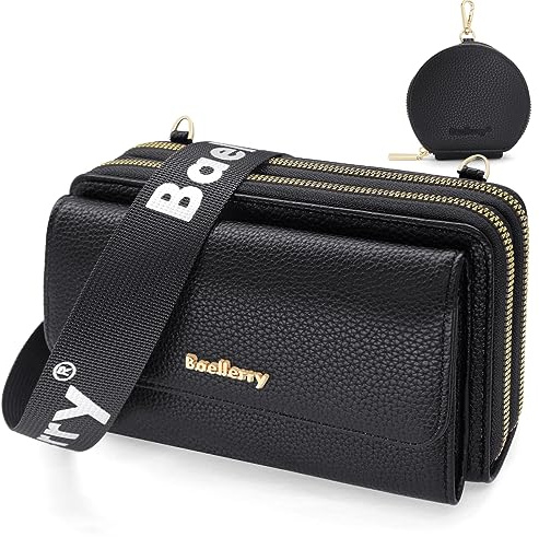 HNOOM Crossbody telefonväska för kvinnor små kvinnor cross-body väskor PU-läder mobiltelefonväskor med kortfack, telefon axelväska crossbody telefonväska med justerbar bred rem, Svart, 7.5 x 4.5 x