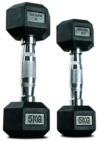 MATCHU - Hexagon Hantel - Hexagon Dumbbells - Kurzhanteln Set - 5 KG - Satz Von 2 - Gummi - Verchromter Griff - Schwarz