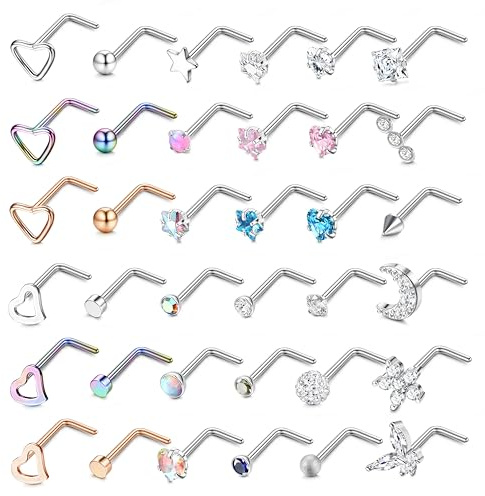 LOLIAS 36 Stück 20G Nasenpiercing Stecker 316L Chirurgenstahl Nasenstecker | Silber Herz Stern Mond Nostril Piercing Damen Screw/Straight/L-Form Nasenpiercing Ring Nasen Nase Stud Nose Piercing Schmuck