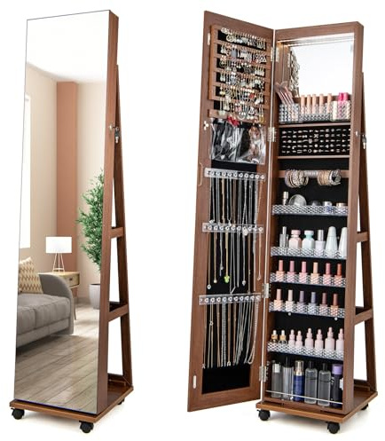 GOPLUS Armoire à Bijoux avec Miroir, Organisateur de Bijoux avec Lumières LED 3 Couleurs, Serrure, Miroir de Courtoisie Intégré, Anti-Basculement, 4 en 1 Armoire à Bijoux sur Pied avec Roues (Marron)