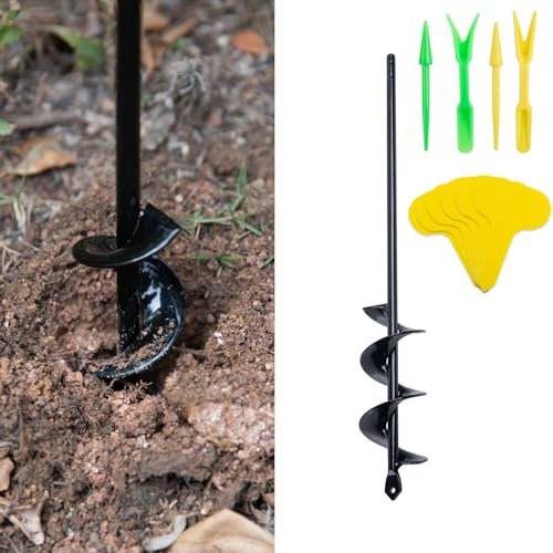 CHANGEMOORE 4.6x37cm Auger Post Hole Digger, Auger Drill Bit with 2 Sets of Seedling Tool and 100Pcs Planting Labels, Solid Shaft Post Digger, Garden Bulb Planting Auger for Planting Bulbs Seedlings