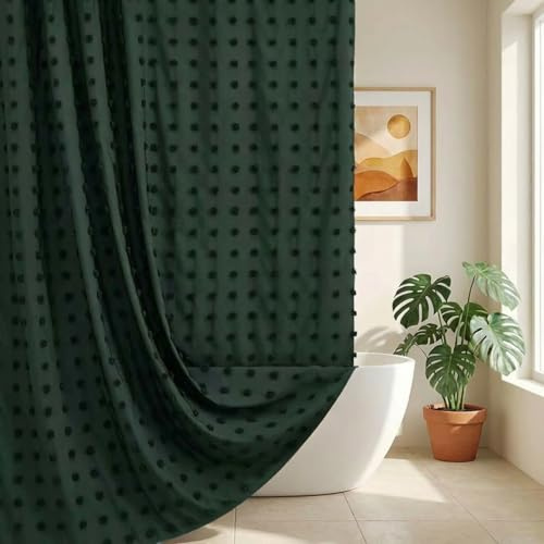 Boho Farmhouse Duschvorhang aus gewebtem Stoff, 72 x 72 cm, getuftete Plissee, florale Puffs, strukturiert, modern, Bauernhaus, minimalistisch, Jägergrün, Duschvorhang-Set mit Haken für Badezimmer