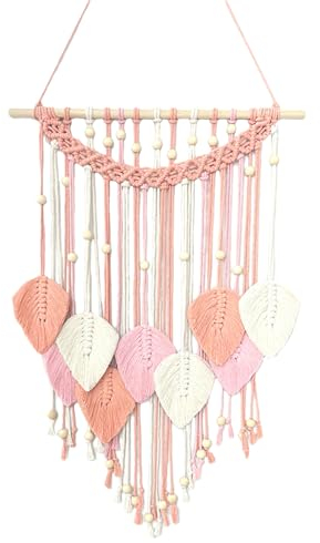 Ueiwffzo Makramee Wandbehang Wandteppich Boho Deko Makramee Wandteppich mit Holzperlen und Blätter Tapisserie Wandbehang Boho für Schlafzimmer Kinderzimmer Wanddeko (Rosa)
