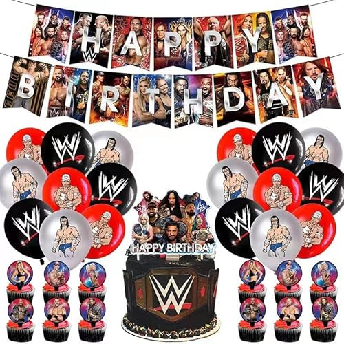 Wrestlinss Theme Birthday Party Decorations Wrestlinss Party Supplies Happy Birthday Banner Balloons Cake Topper, Cupcake Toppers for Birthday Party Decor