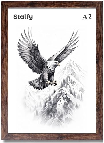 A2 Photo Frames Wooden Effect (42x59.4), 3cm Wide Premium Quality Poster Frame Comes with a Dual Sided Protective Film for Plexiglass (Brown, A2)