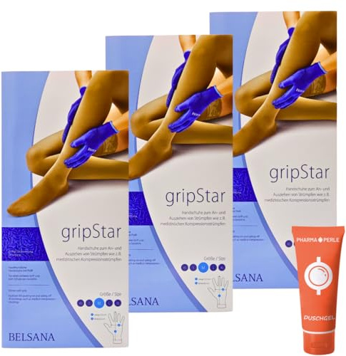 BELSANA GripStar Spezialhandschuhe I Handschuhe zum An- und Ausziehen von Strümpfen, Kompressionsstrümpfe, Stützstrümpfe I Arbeitshandschuhe I Größe M I Spar-Set plus Pharma Perle give-away