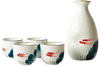 SACIKIKI Ensemble de Tasses à saké en céramique à Motif de Poisson Rouge Peint à la Main, 5 pièces, avec 4 Tasses à saké, 1 Tasse à saké