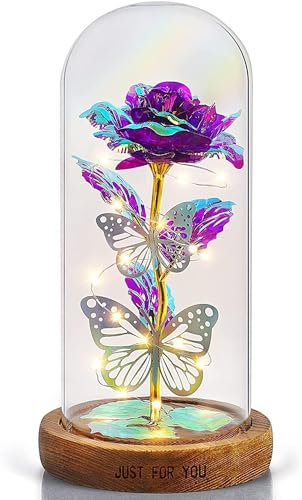 REWIAR Rose Eternelle sous Cloche Cadeau Femme - Rose eternelle avec Lumière LED - Saint Valentin Rose Galaxie de Lumineuses pour Elle, Fête des mères, Noël et Un Anniversaire (Violet/Bois)