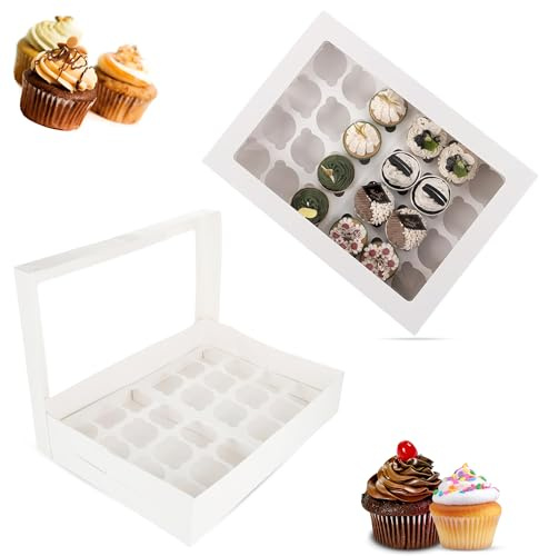 CHEF ROYALE 10 x Cupcake Boxes 24 Holes - White Cup Cake Boxes with Clear Window - Rectangular Cupcake Carrier for Muffin Deserts Cupcake Holders for Home Parties, Wedding, Christmas, Cake Shop (10)
