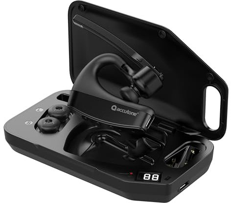 ACCUTONE Argo 5 Single-Ear Mono Bluetooth Wireless Headset w/Charging Case, Amazing Audio Using Qualcomm aptX, w/Dual Mic ANC & Headset Battery Level Indicator, Black