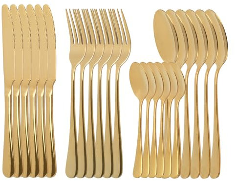 24-teiliges Besteckset, luxuriöses Edelstahl-Besteckset, Geschirr für 6 Personen mit Löffel-, Messer- und Gabel-Set, spülmaschinenfest/leicht zu reinigen/hochglanzpoliert (Gold/hochbelastbar)