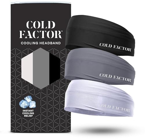 COLD FACTOR Cooling Headband for Women and Men – UPF 50+ Advanced Evaporative Comfort, Instant Cooling Sweatband for Outdoor Sports, Fitness, Yoga, Hiking, Running, and Workout – 3 Pack (Neutral Pack)