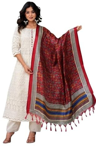 Sambhav Quilt Hub kvinnor ren Chikankari Kurta byxa med Dupatta silke chanderi digitalt tryck duppta set, Vit 2, XL