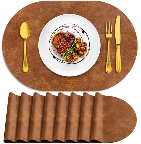 ADRIMER Placemats, Heat Resistant Oval Placemats Set of 8 Washable 12 x 17 Inch, Waterproof Table Mats, Wipeable Pu Place Mats for Kitchen, Dining Room, Turmeric Brown