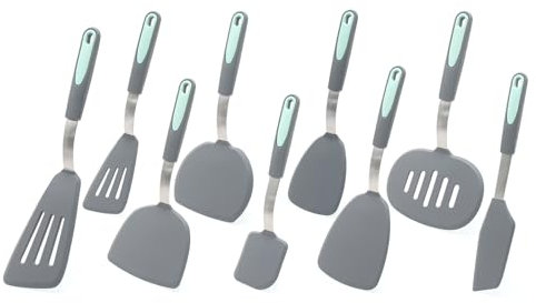 QTANZIQI Set de Utensilios de Cocina de Silicona, Silicona sin BPA Resistente al Calor y colaboración de Acero Inoxidable Juego de Herramientas de Cocina (Juego de 9 Piezas)