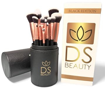 DS BEAUTY Set di 14 Pennelli Make Up Professionali - Morbidi, Ipoallergenici, per Fondotinta, Ombretti e Cipria in Custodia Elegante e Portatile a Tubo - Ideale per Principianti ed Esperti (Nero)