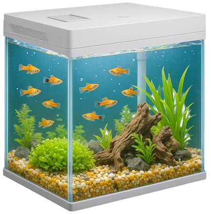 VIALIA Panorama Aquarium Komplettset 10L | Nano Becken mit LED Beleuchtung & Filter | 360° Sicht für Zierfische | Maße 25x26x18cm | Integrierte Futterklappe | Kompakt für Einsteiger & Büro