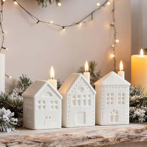 DN DECONATION Weihnachtsdorfhäuser-Dekorationen, 3-teiliges beleuchtetes weißes Keramik-Weihnachtsstadthäuser mit Kamin, Kerze, Flammen für Weihnachtsdörfer, Haus-Set mit Lichtern für Tischdekoration