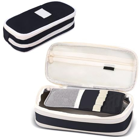 Apradas Großes Federmäppchen für Mädchen und Jungen, mit Reißverschluss, Schreibwaren-Tasche mit 2 Fächern, Stifteinführung, Raster, Stifteetui für Kinder, Teenager, Bürobedarf, Schwarz , Modern