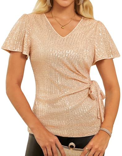 GRACE KARIN Damen Pailletten Oberteil Elegantes Glitzer Party Tops Festliche Blusen Kurzarm Tunika Shirts Gold M