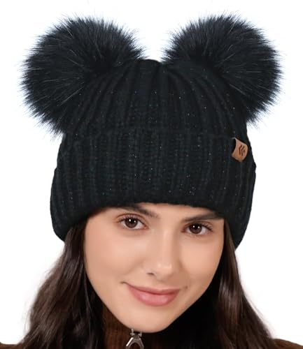 Creekstone Berretto Invernale con Doppio Pompon, Caldo Cappello Foderato in Pile, Pom Pom Beanie Donna in Pelliccia Sintetica, Berretto a Maglia Spessa (IT, Testo, Taglia Unica, Nero Metallizzato)