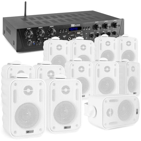Power Dynamics 6-Zonen Verstärker mit Bluetooth & 12x Outdoor Lautsprecher Boxen – 600W Hifi Set mit 100m Kabel, USB/Radio – Wasserdichtes Soundsystem, 6 Kanal Endstufe für Gastronomie, Zuhause - Weiß