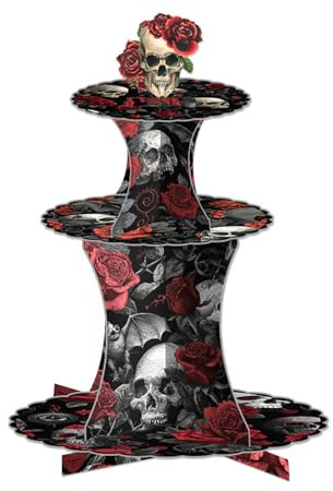 Wasise Gothic Birthday Decorations - 3 Tier Rose Skull Cake Stand, Gothic Party Decor for Halloween, Cupcake Stand, Spooky Skull Birthday Decorations, Witchy Party Decoration, Rose Goth Decoration