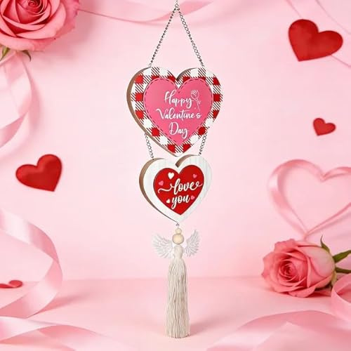 22.83 inch Valentine's Day Wooden Hanging Sign Happy Valentine Wreath Heart Ornaments Craft Wall Decor for Proposal Decorations Valentines Wall Decor Wedding Anniversary