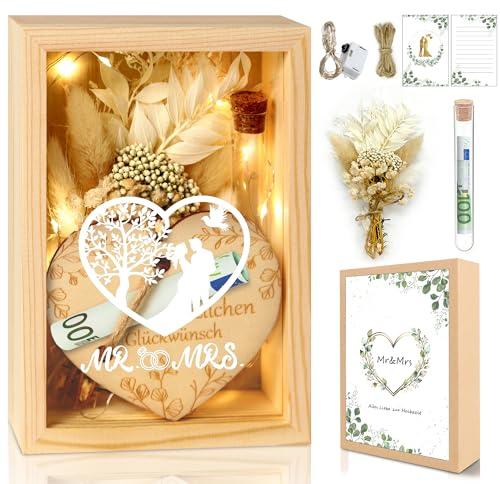 Hochzeitsgeschenke für Brautpaare, Geldgeschenk Hochzeit, Liebes Romantisches Geschenk Für Sie, Hochzeitsgeschenke,Getrocknete Blumen, Holzbox, Lichterketten, Grußkarte, Glasflasche, Hochzeitstag